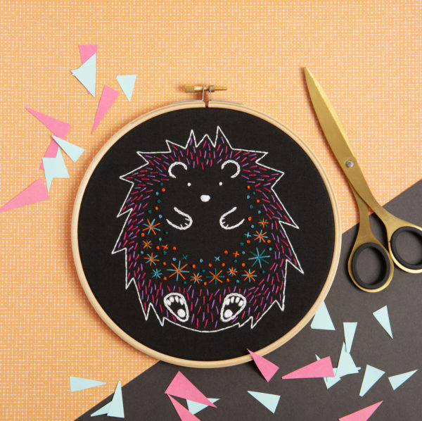 Black hedgehog embroidery kit Hawthorn Handmade