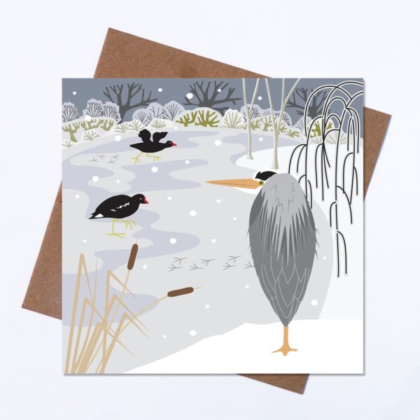 Heron and moorhens in the snow - Rachel Hudson greeting card