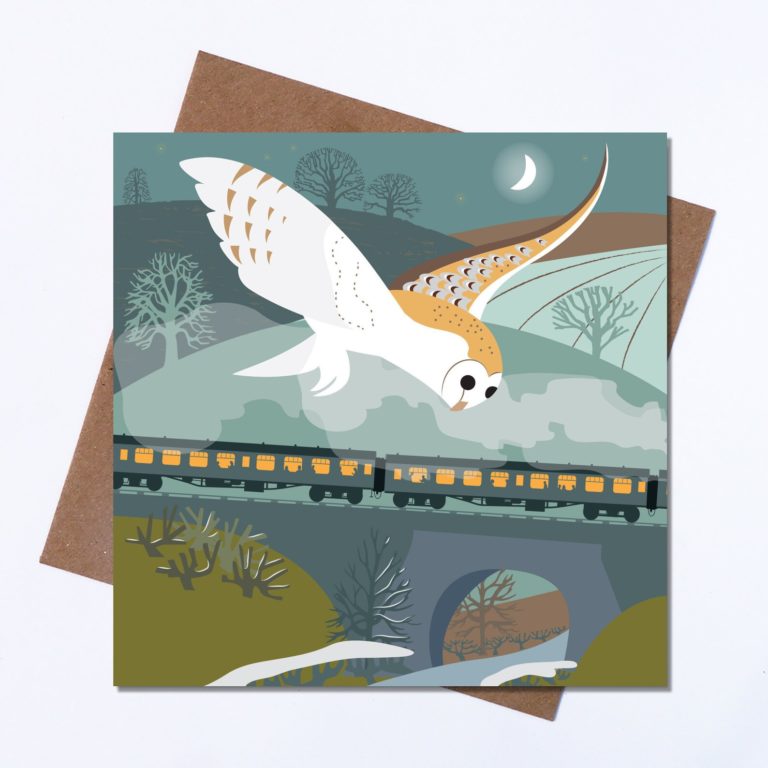 Barn Owl flying above a stream train - Rachel Hudson greeting card