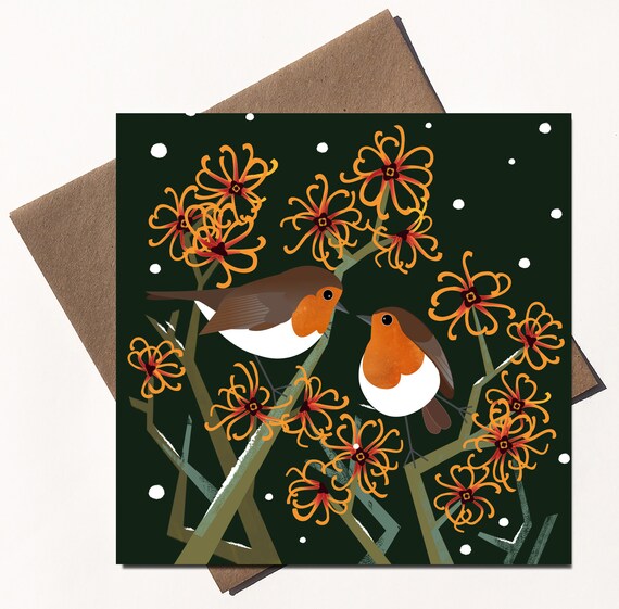 Robins and witchazel in the snow - Rachel Hudson greeting card