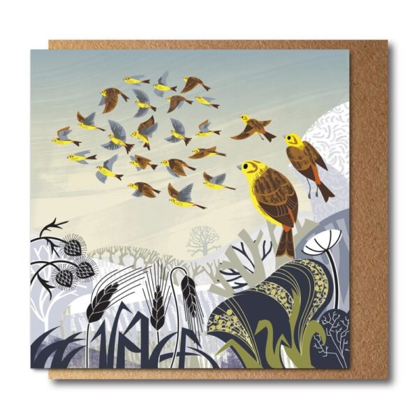 Yellowhammers flock in winter hedgerow greetings card - PTES shop